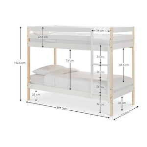 Bunk bed with dimensions labeled on a white background