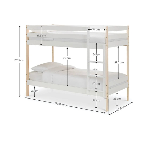 Bunk bed with dimensions labeled on a white background
