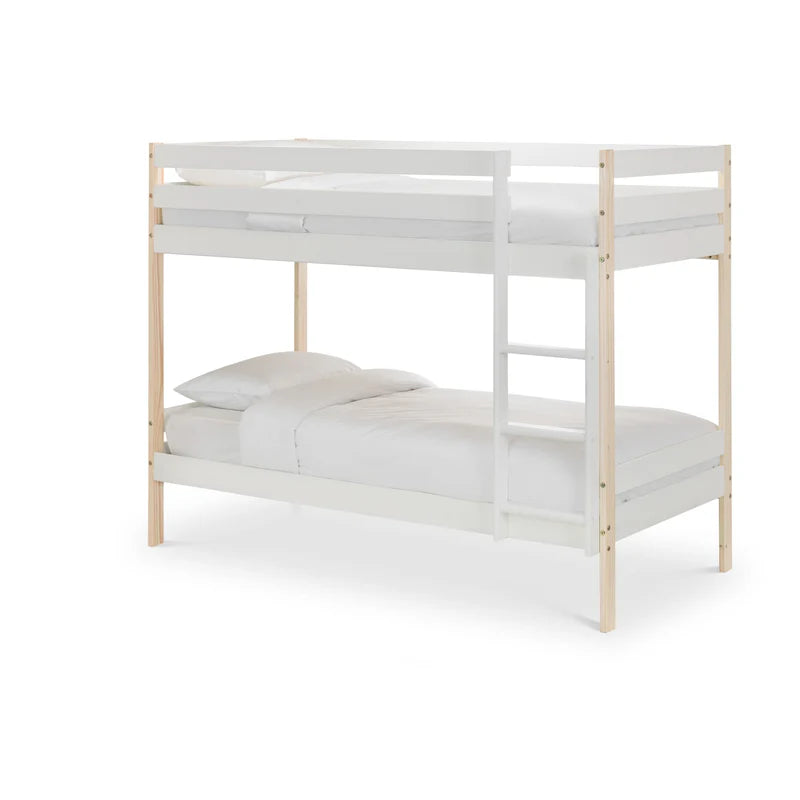 White bunk bed with wooden frame on a white background