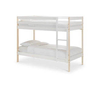 White bunk bed with wooden frame on a white background
