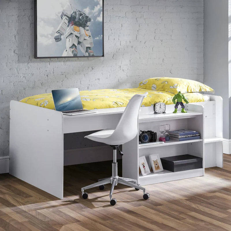 White bed with desk and chair on a white background