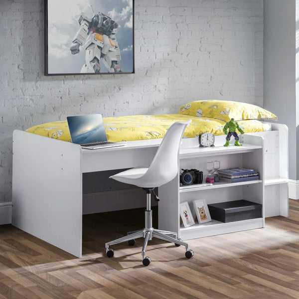 White study bed with desk and chair in a room with a robot poster on the wall.