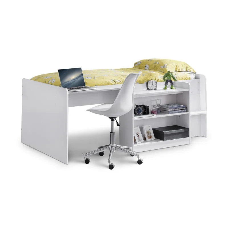 White bed with desk and chair on a white background