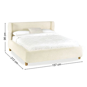cream boucle bed frame showing dimensions