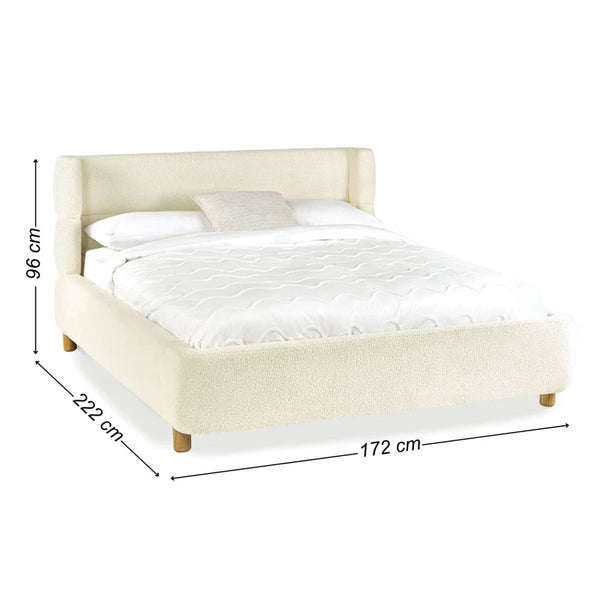 Beige bed with dimensions labeled on a white background