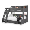 Gray bunk bed with white bedding and books on a white background