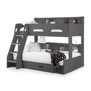 Gray bunk bed with white bedding and books on a white background