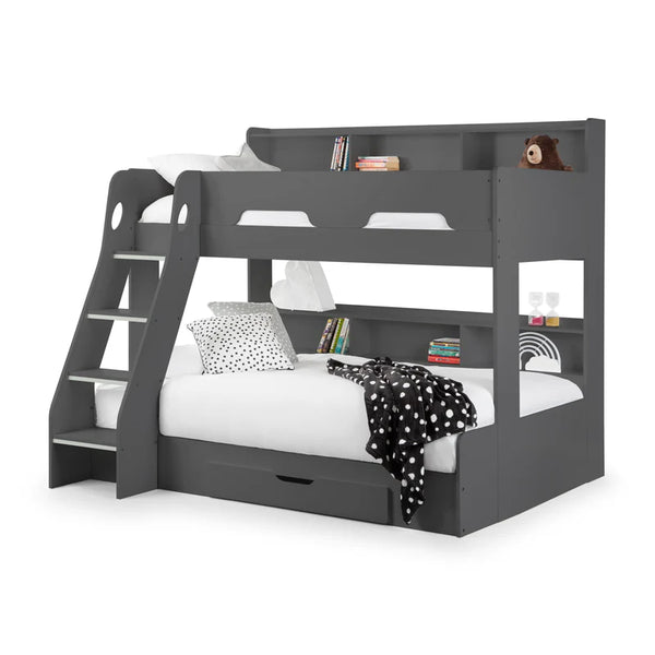 Gray bunk bed with white bedding and books on a white background