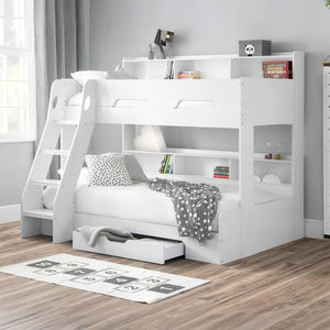 White bunk bed with shelves and a ladder in a room setting.