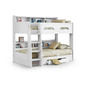 White children's bunk bed with books and toys on a white background