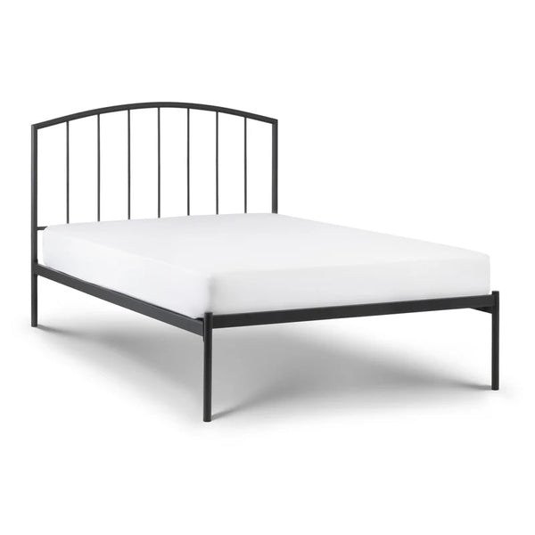 Black metal bed frame with white mattress on a white background