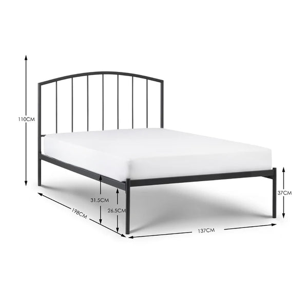 Black metal bed frame with dimensions on a white background