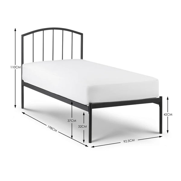 Black metal bed frame with dimensions on a white background