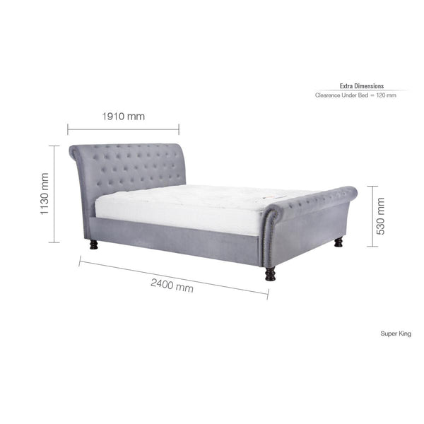 Gray upholstered bed with dimensions on a white background