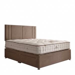 Brown bed frame with mattress on a white background
