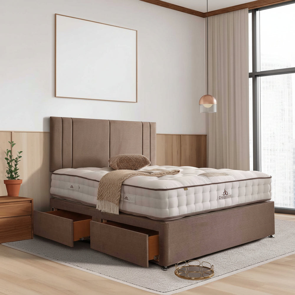 Brown bed frame with mattress on a white background