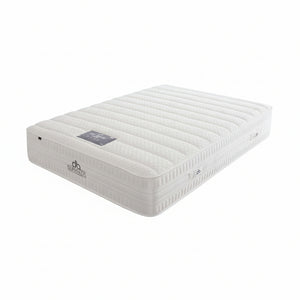 White mattress with a brand logo on a white background