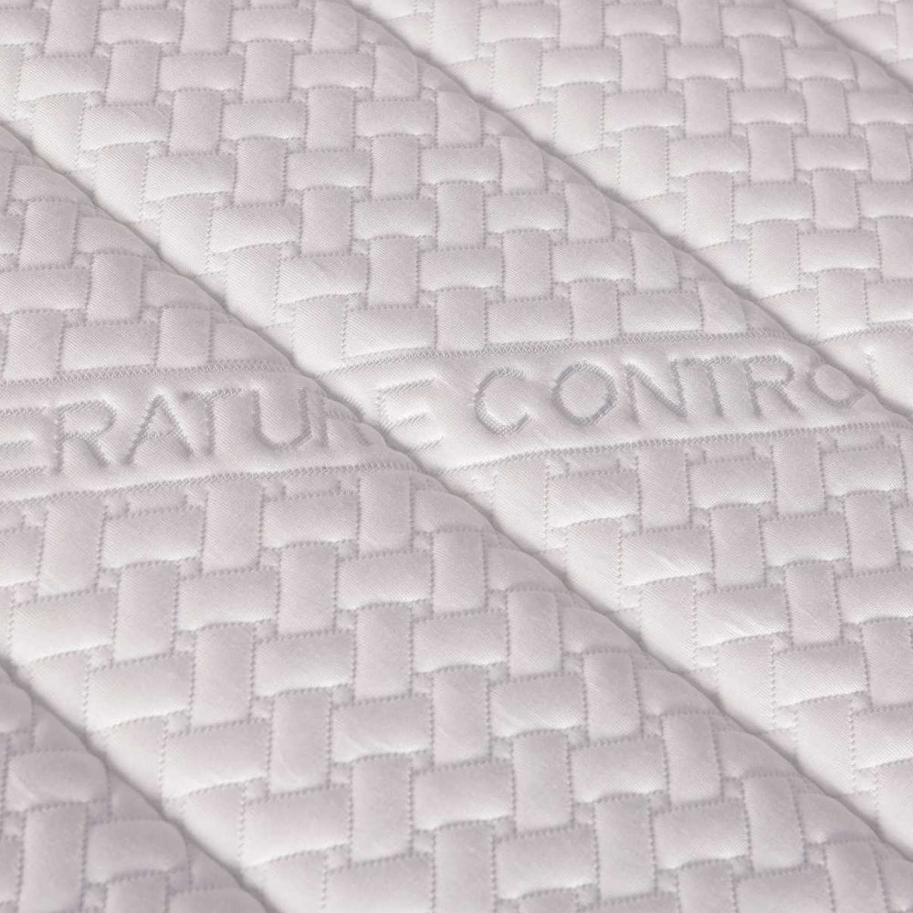 White mattress with a brand logo on a white background