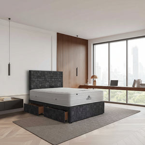 Modern bedroom with a bed and large windows