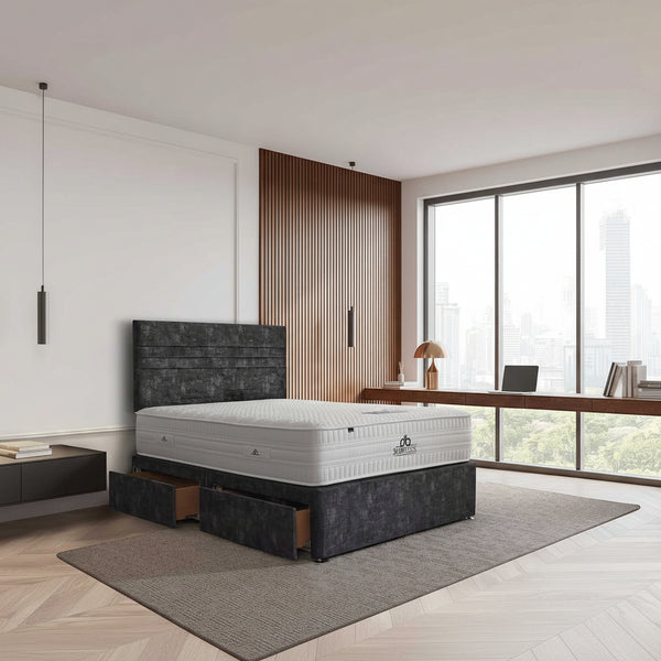 Modern bedroom with a bed and large windows