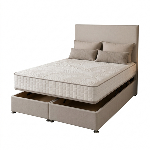 A bed with a high upholstered headboard and storage drawers underneath, shown on a clean white background. The bed frame and pillows are upholstered in a light beige fabric, and the mattress is white with a subtle wavy quilted pattern.