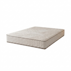 A single bed mattress with a quilted side panel and a patterned top surface, shown at an angle on a plain white background.