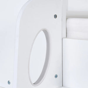 Close-up of a white cylindrical object with circular cutout on a light gray background
