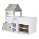 Children's bed with wooden roof and storage drawers on a white background