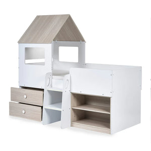 Children's bed with wooden roof and storage drawers on a white background