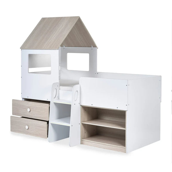 Children's bed with wooden roof and storage drawers on a white background