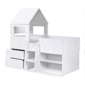 White children's bed with storage drawers and shelves on a white background