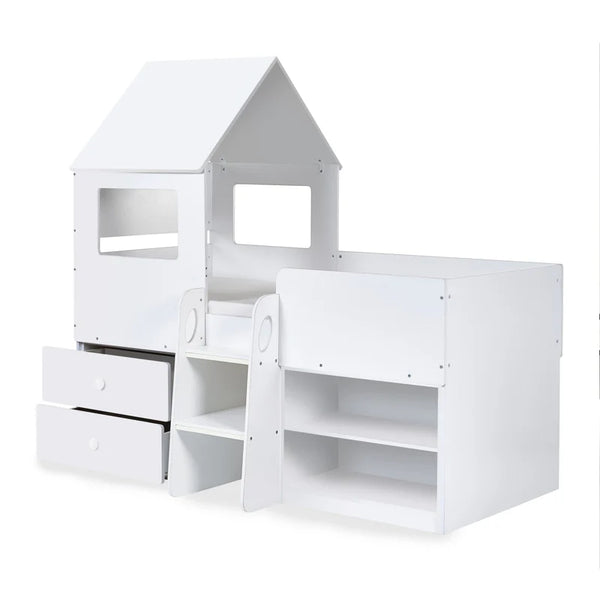 White children's bed with storage drawers and shelves on a white background