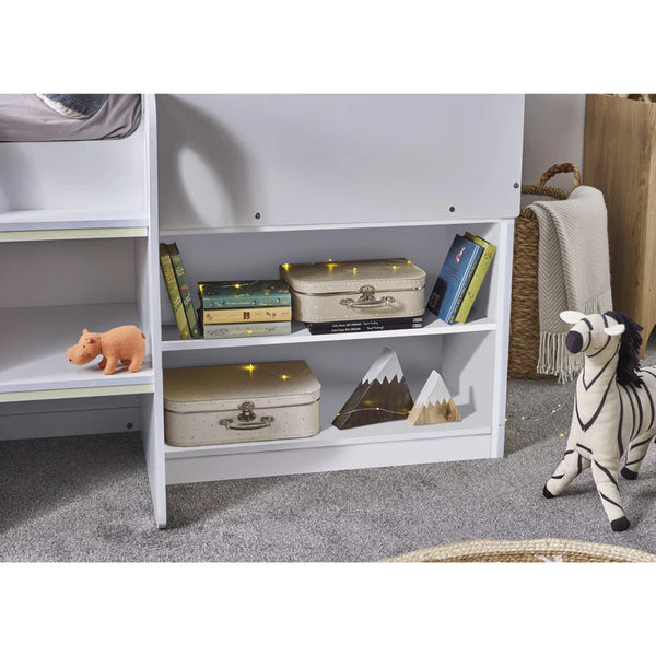 White bookshelf with toys and books in a room setting