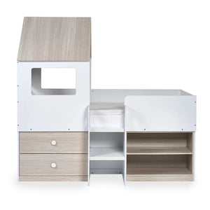 Modular children's playhouse with white and wood accents on a white background