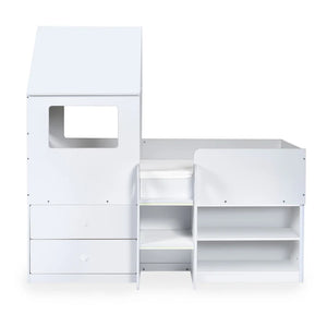White children's bunk bed with storage drawers on a white background
