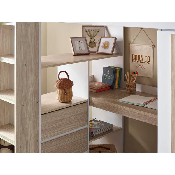 Wooden shelf with books, a basket, and decorative items against a white wall.