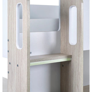 Wooden shelf with white panels and a green accent on a white background