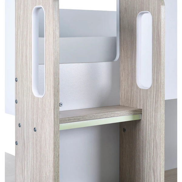 Wooden shelf with white panels and a green accent on a white background