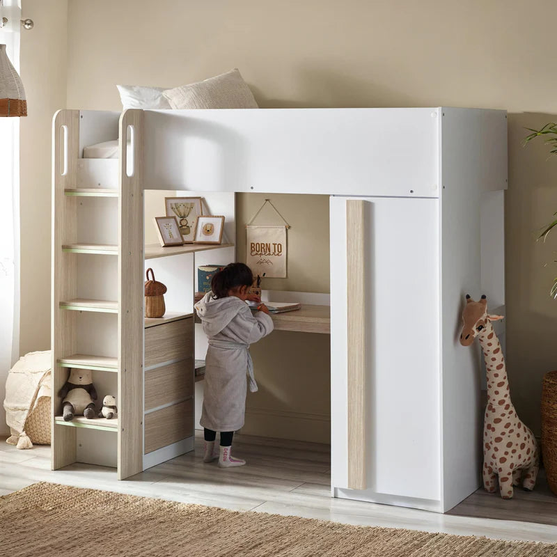 White and light wood bunk bed with desk on a white background
