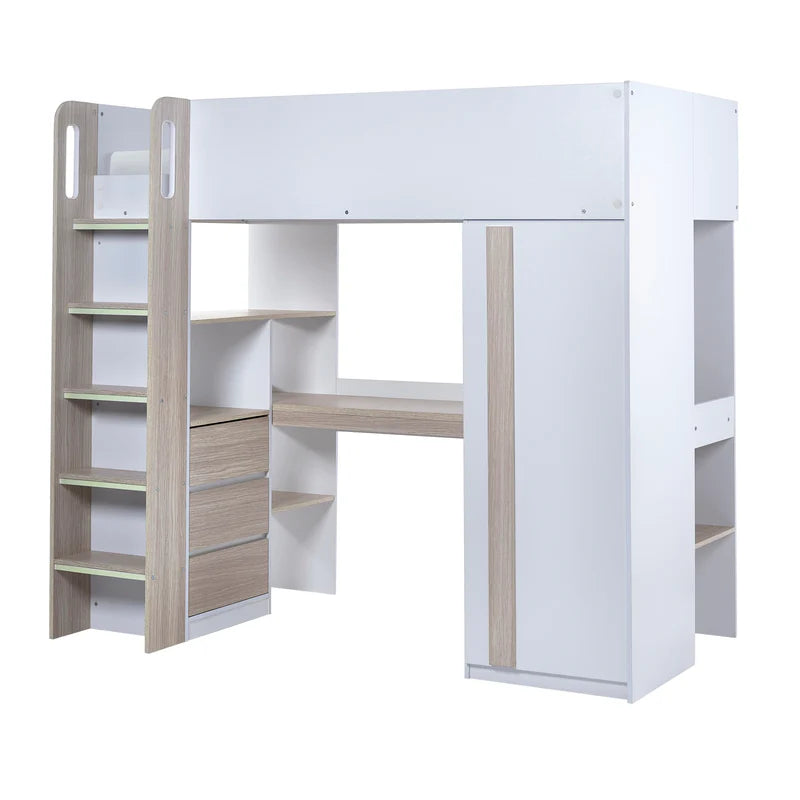 White and light wood bunk bed with desk on a white background