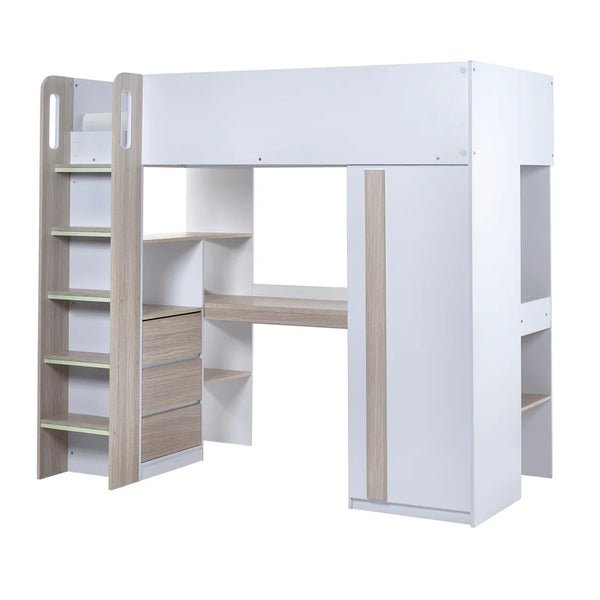 White and light wood bunk bed with desk on a white background
