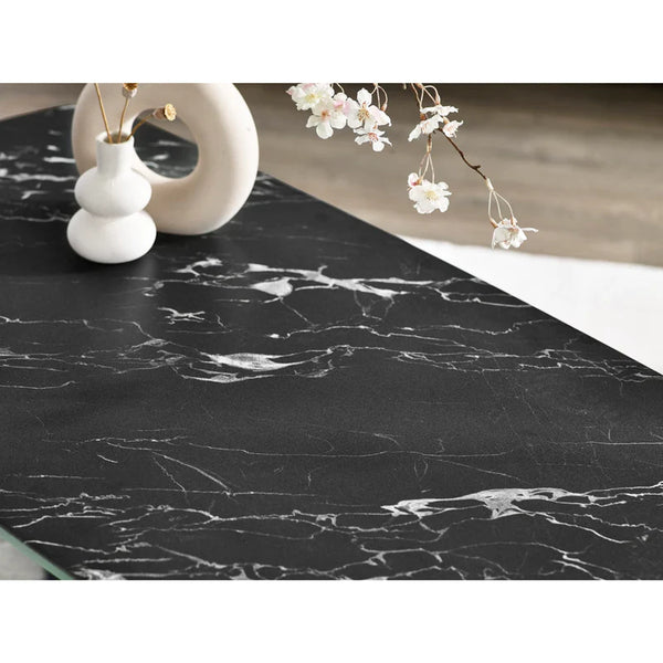 Black marble countertop with decorative elements