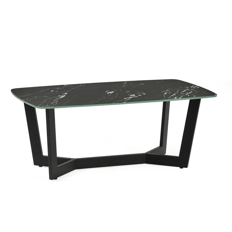 Black marble coffee table with black metal legs on a white background