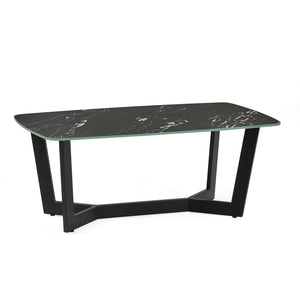 Black marble coffee table with black metal legs on a white background