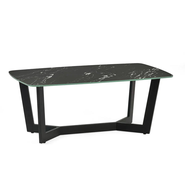 Black marble coffee table with black metal legs on a white background