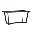 Modern dining table with black marble top and metal legs on a white background