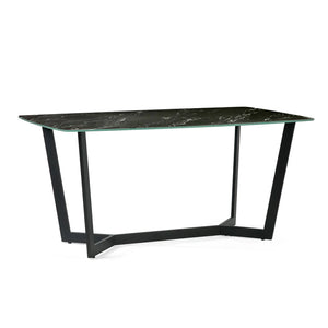 Modern dining table with black marble top and metal legs on a white background