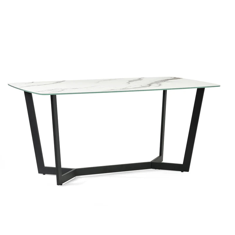 marble table with black metal legs on a white background