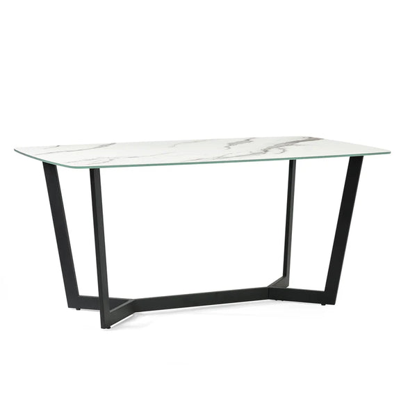 marble table with black metal legs on a white background