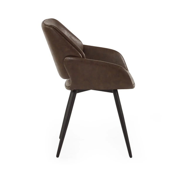 Brown leather armchair with black legs on a white background
